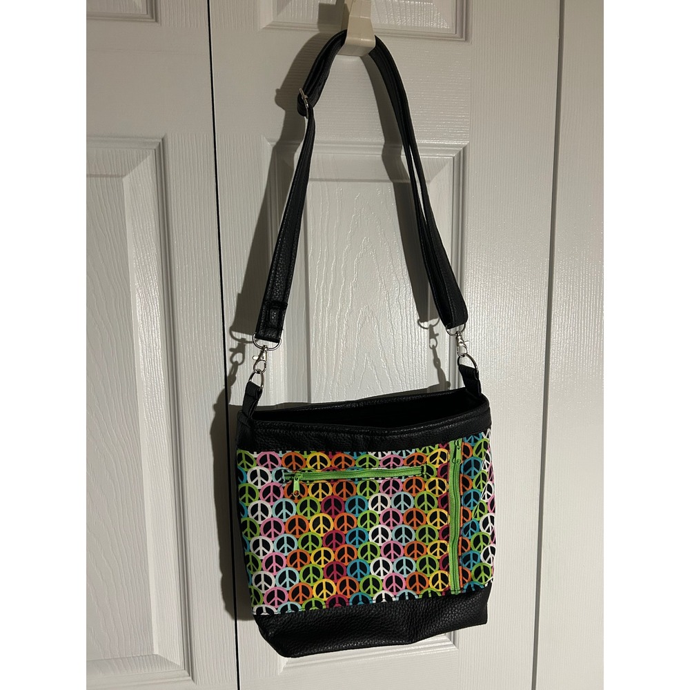 Peace Sign Print Crossbody Bag Black Faux Leather Multicolor Retro Shoulder Bag